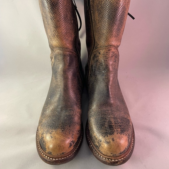 Bed Stu Cobbler Series 9” Brown Distressed Leather Zip Boot with back tie detail - Picture 4 of 16